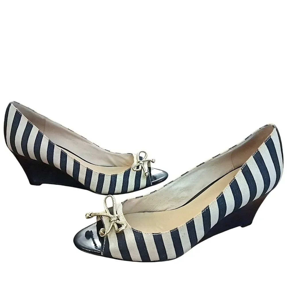 Kate Spade New York Melinda Canvas & Patent Leather Peep Toe Wedges Navy / Ivory
